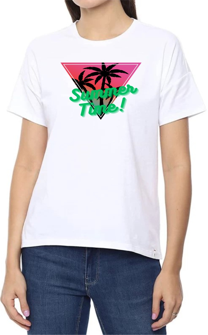 Summer Time Round Neck Women White T-Shirt