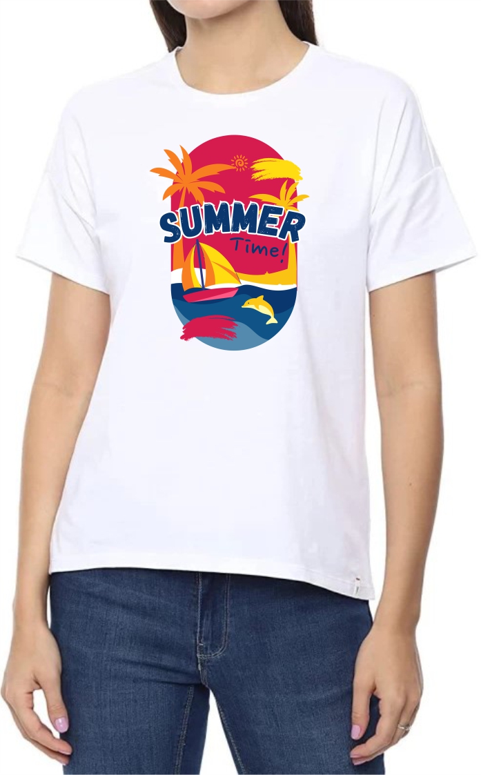 Summer Time Round Neck Women White T-Shirt