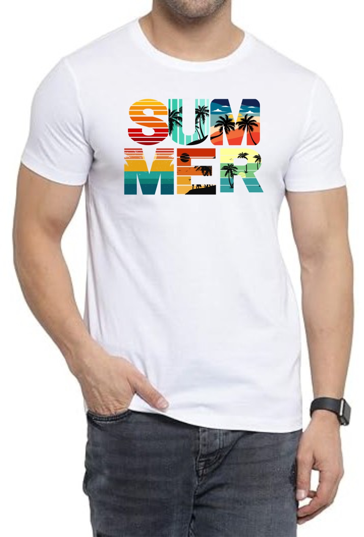 Summer Round Neck Men White T-Shirt