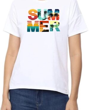 Summer Round Neck Women White T-Shirt