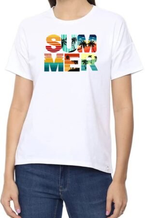 Summer Round Neck Women White T-Shirt