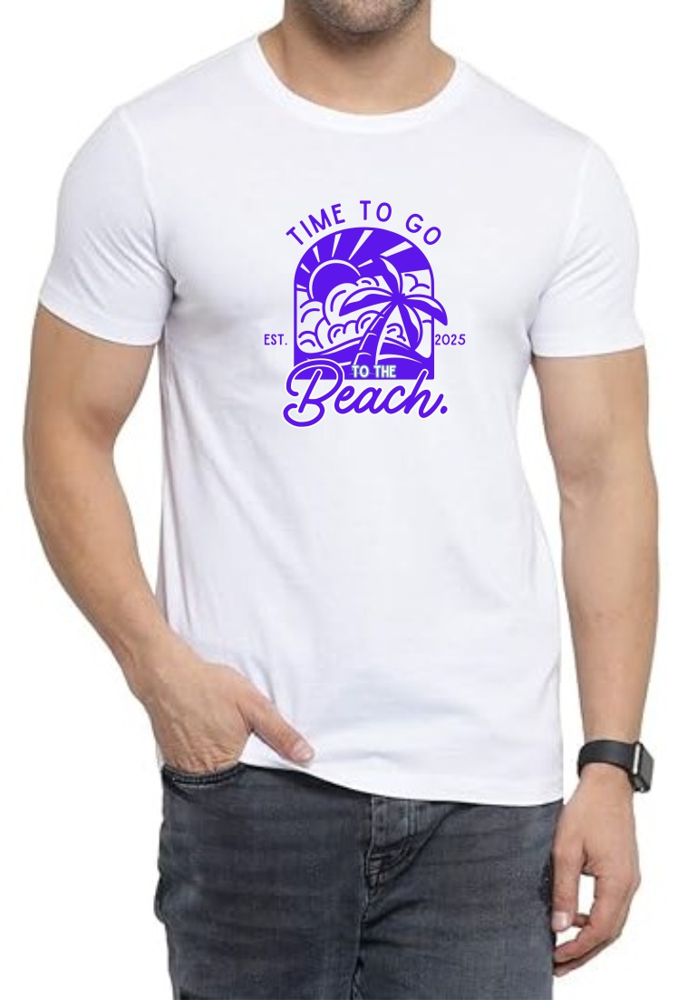 Time To Beach (BLU) Round Neck Men White T-Shirt