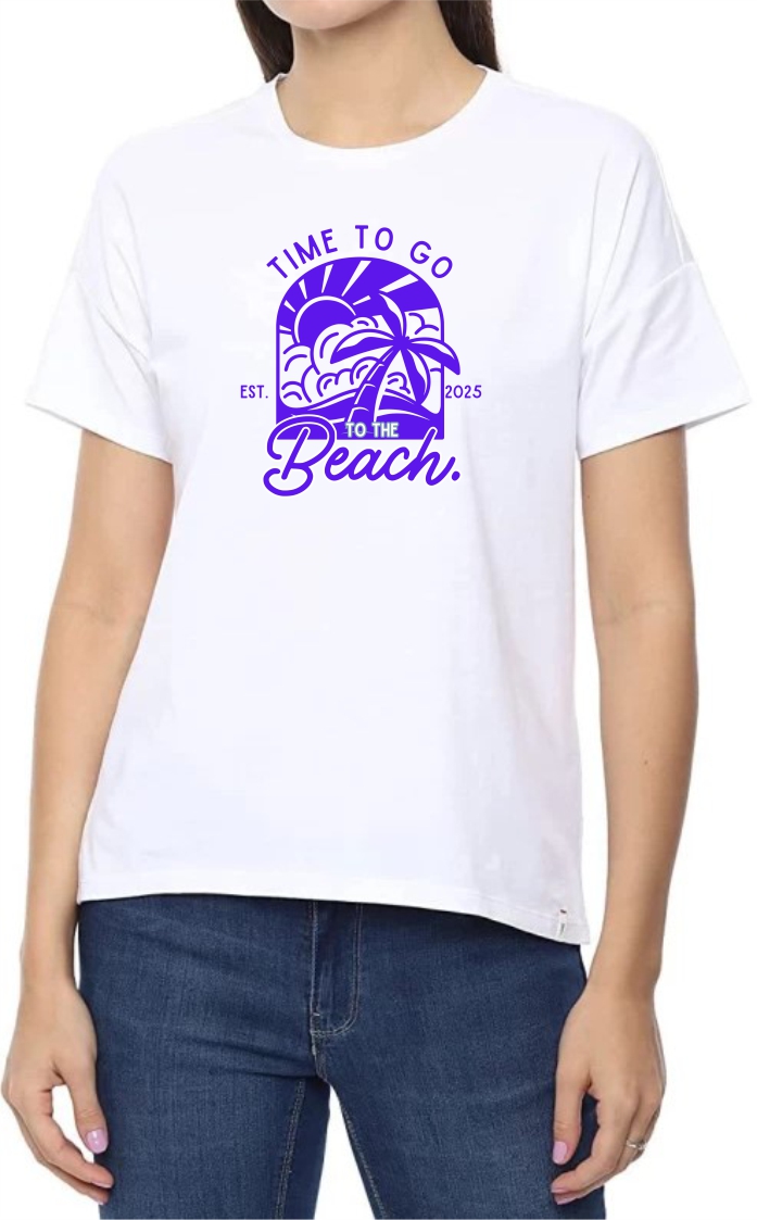 Time To Beach (BLU) Round Neck Women White T-Shirt