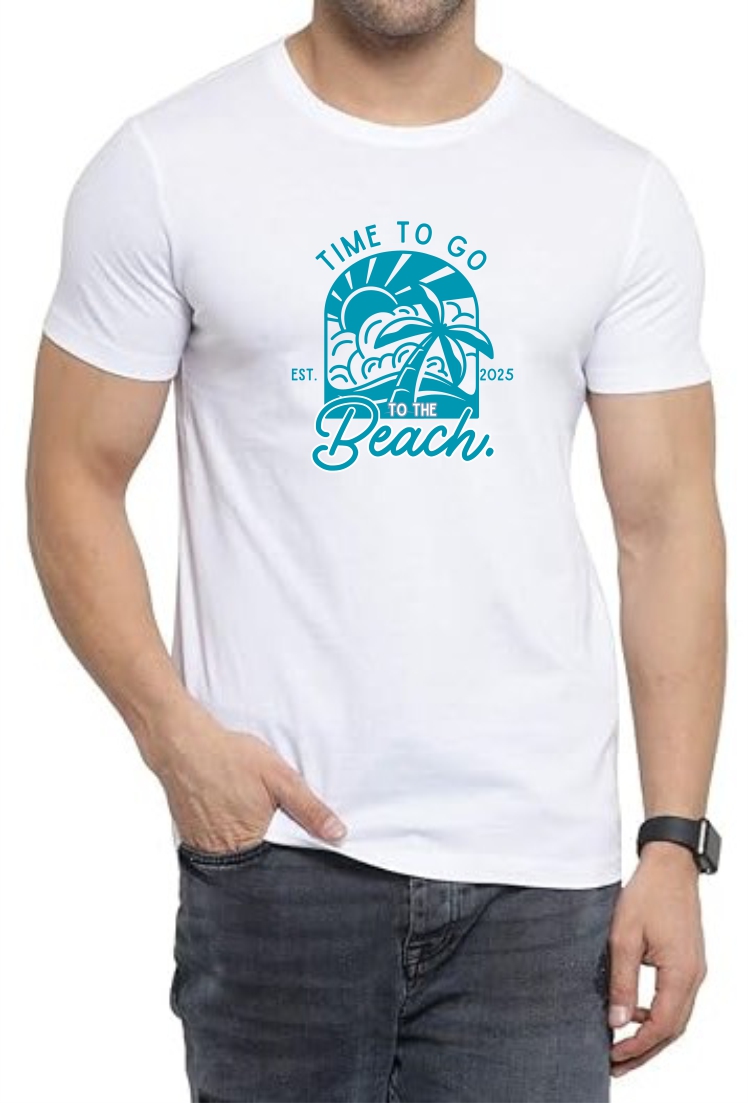 Time To Beach (GRE) Round Neck Men White T-Shirt