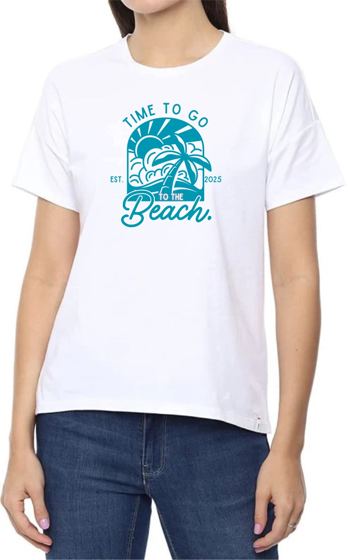 Time To Beach (GRE) Round Neck Women White T-Shirt