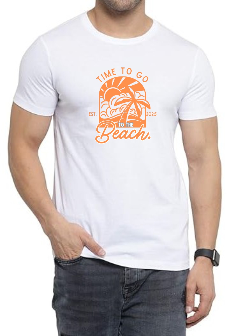 Time To Beach (ORA) Round Neck Men White T-Shirt