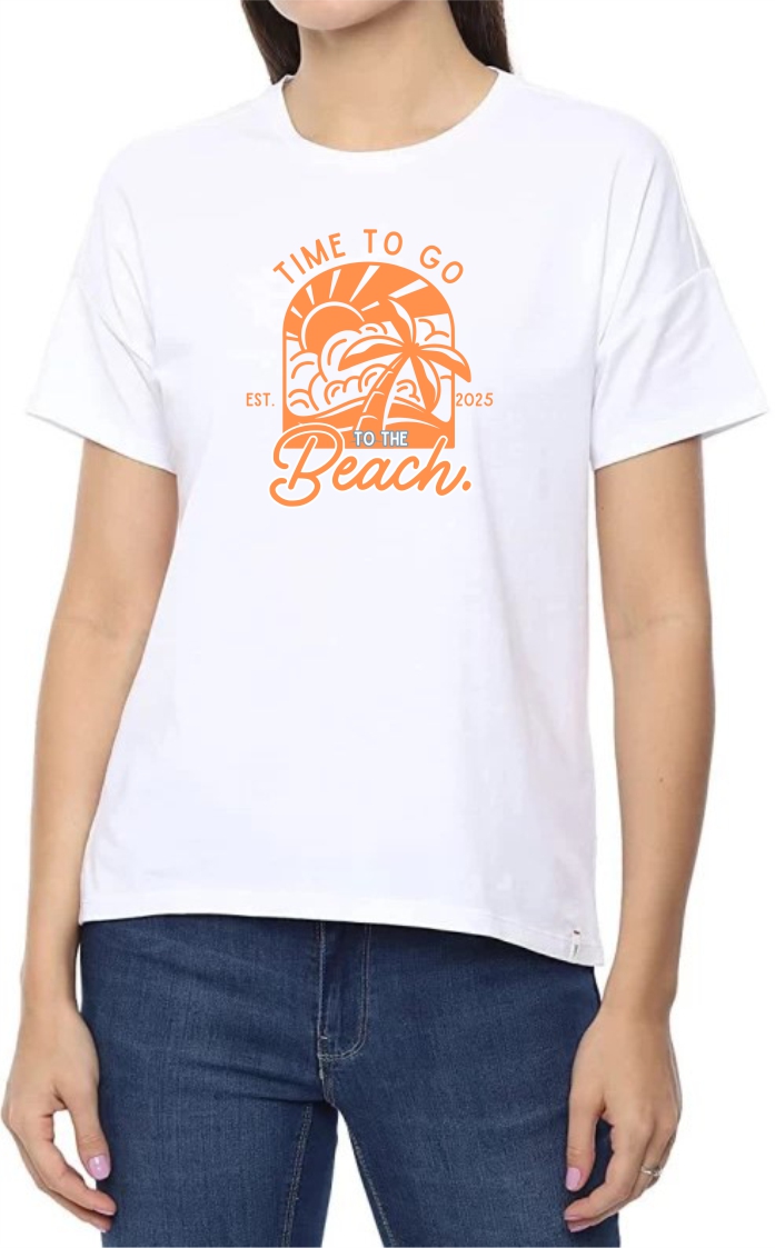 Time To Beach (ORA) Round Neck Women White T-Shirt