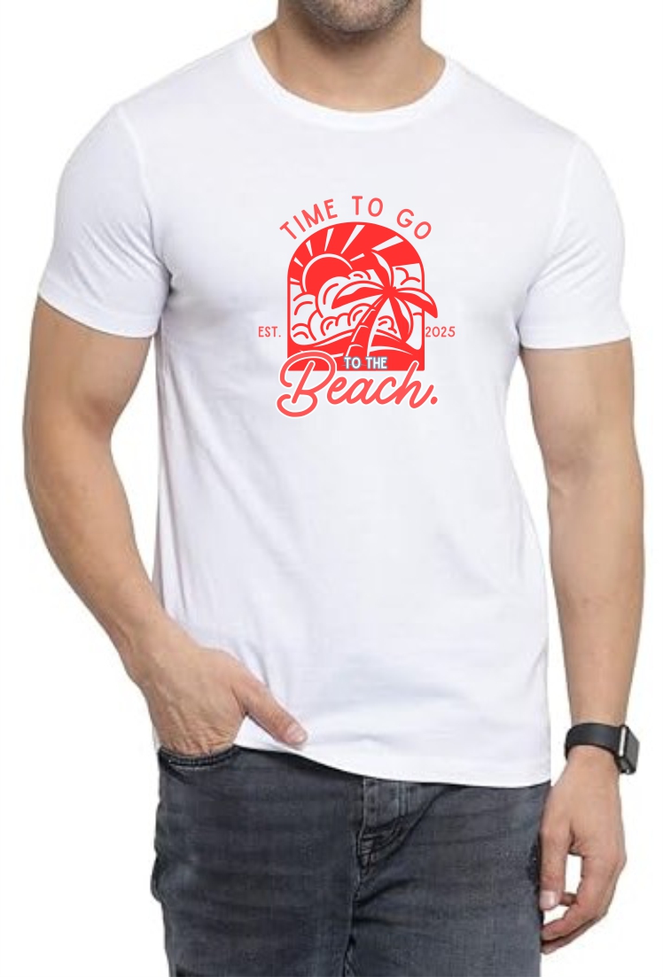 Time To Beach (RED) Round Neck Men White T-Shirt
