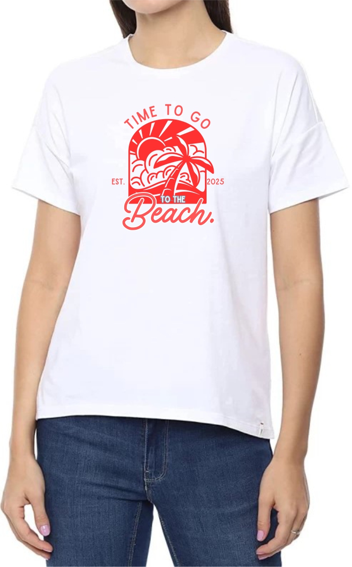 Time To Beach (RED) Round Neck Women White T-Shirt