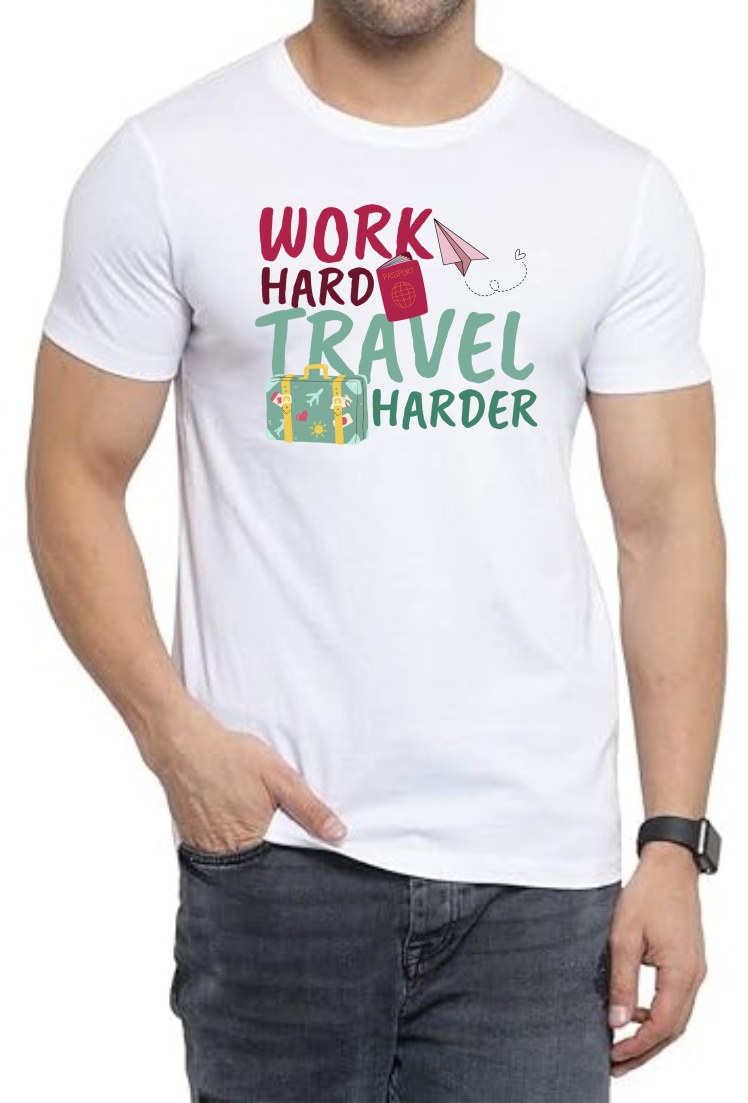 Travel Harder Round Neck Men White T-Shirt