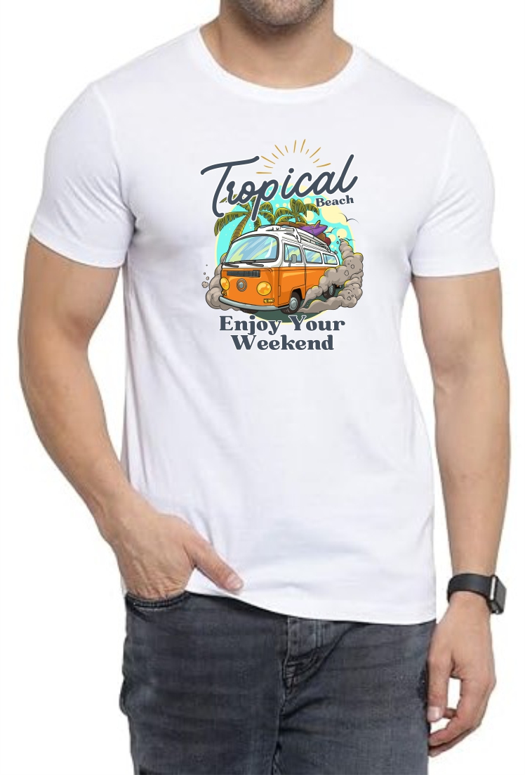 Tropical Beach Round Neck Men White T-Shirt