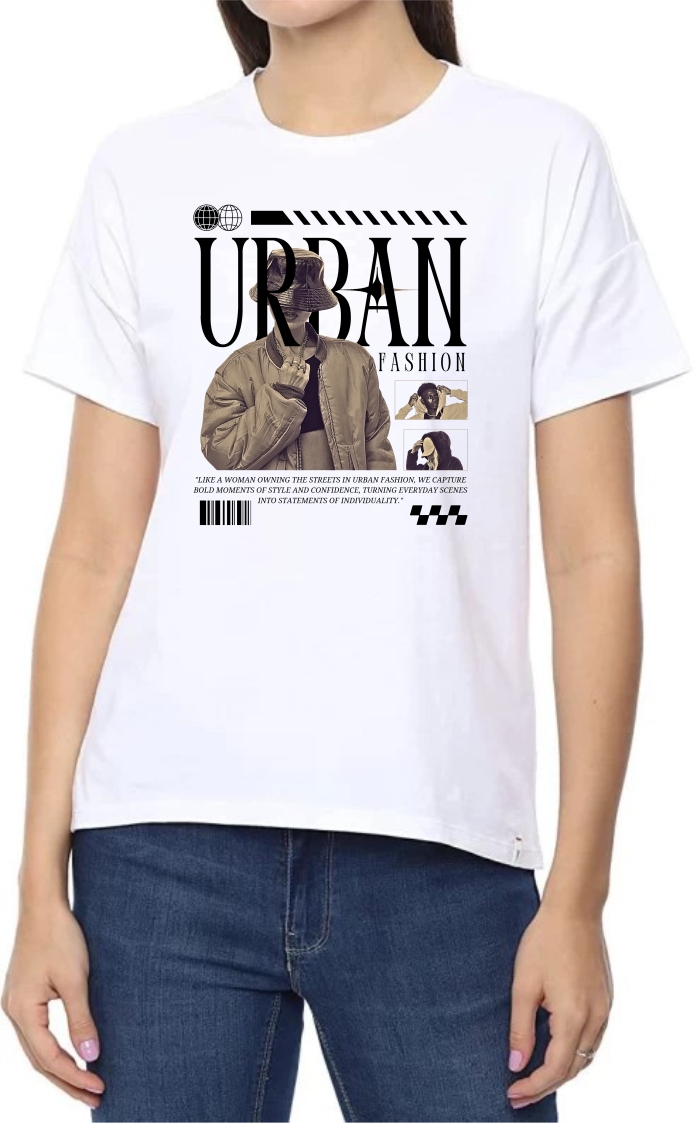 Urban Fashion (BLK) Round Neck Women White T-Shirt