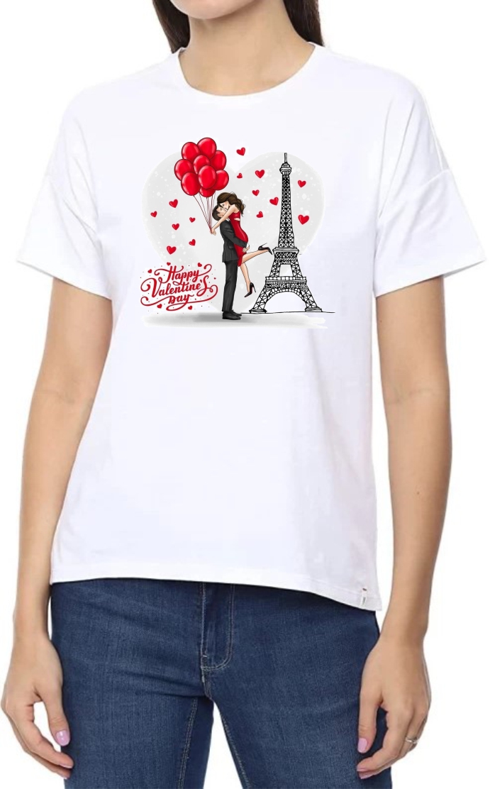 Valentines Couple Round Neck Women White T-Shirt
