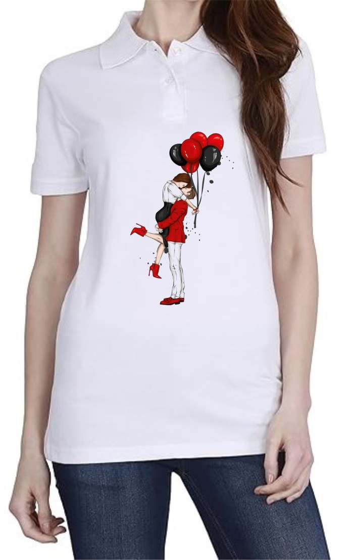 Valentines Kiss Polo Women White T-Shirt