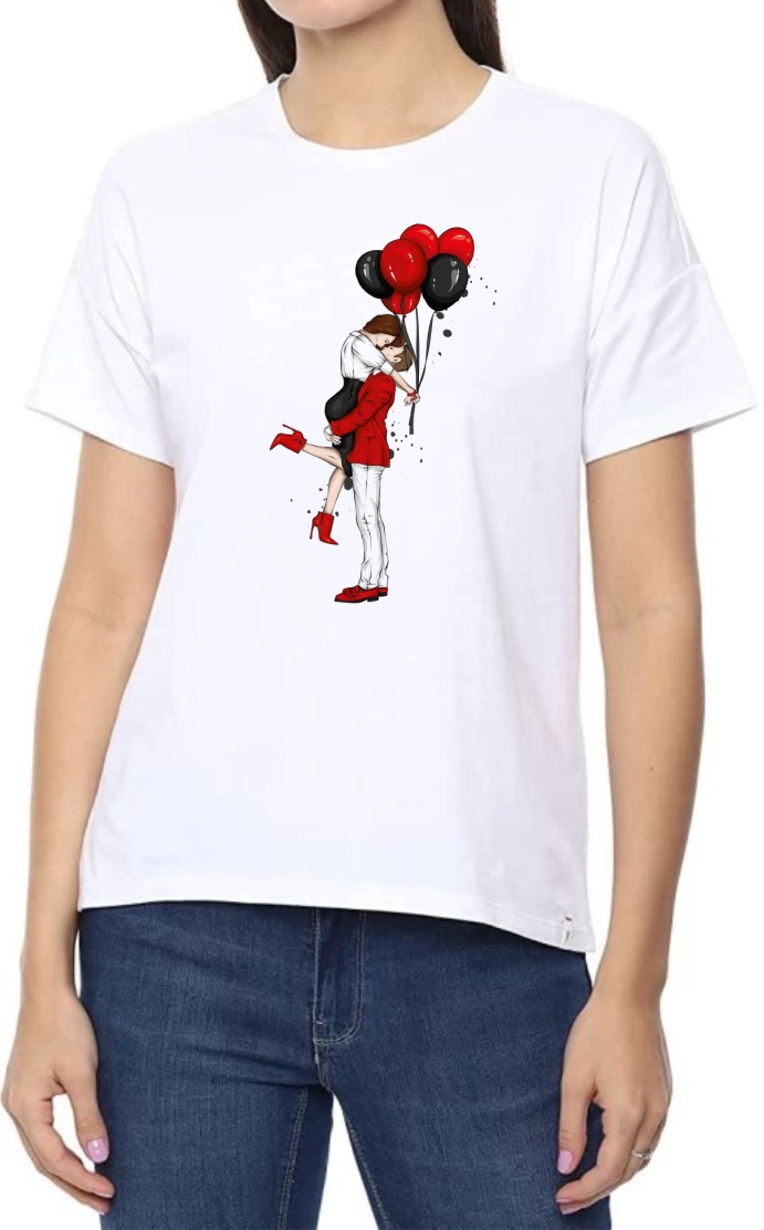 Valentines Kiss Round Neck Women White T-Shirt