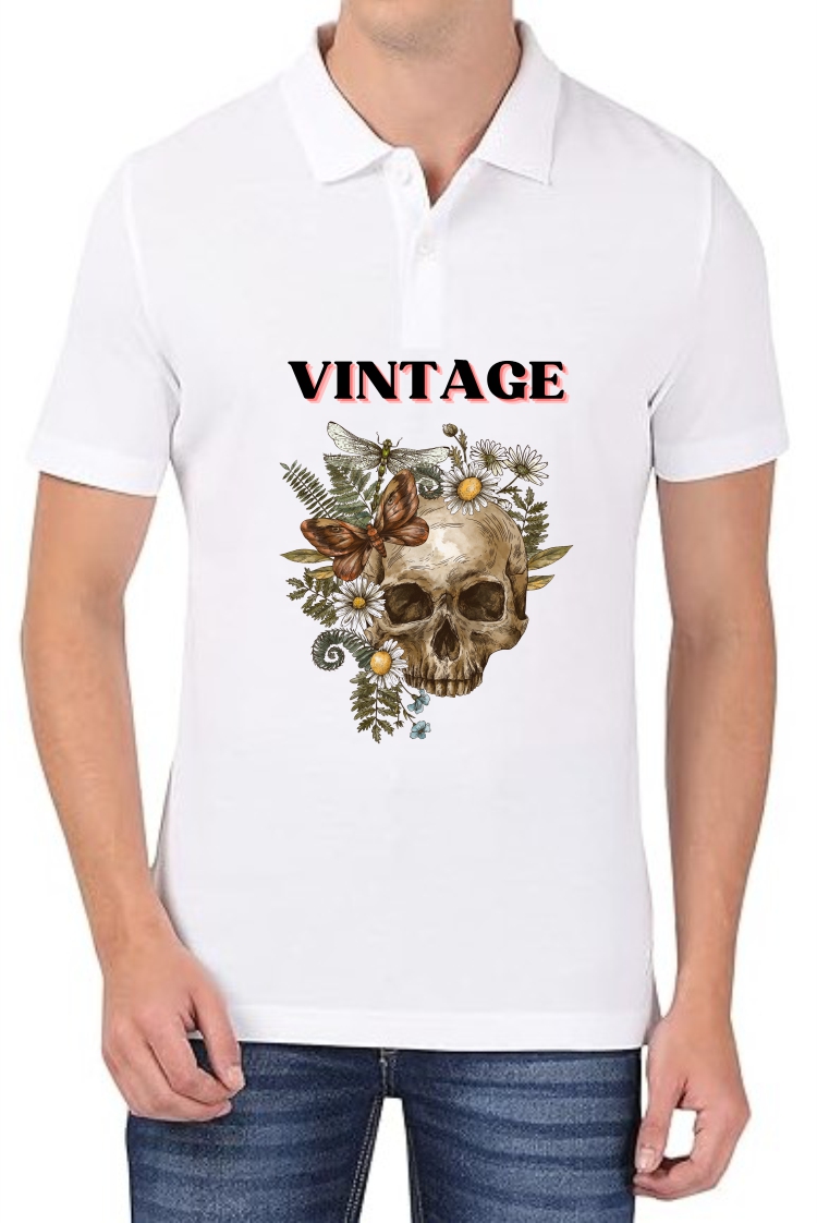 Vintage (BLK) Polo Men White T-Shirt