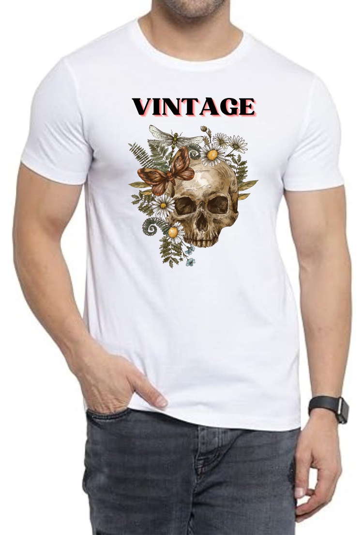 Vintage (BLK) Round Neck Men White T-Shirt