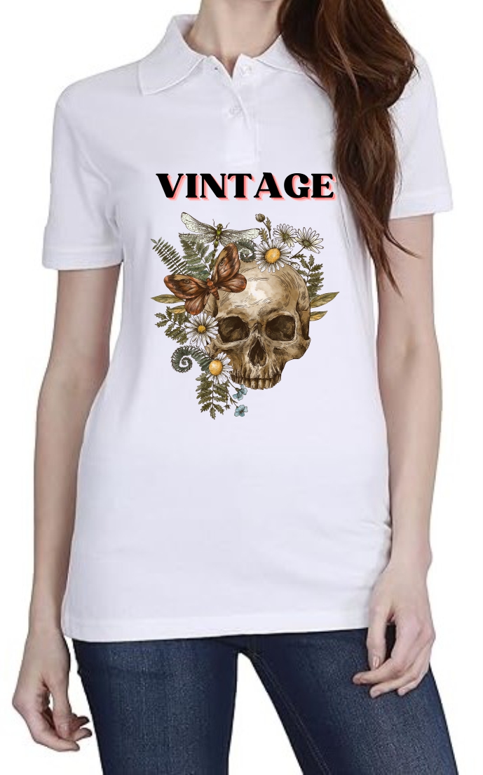 Vintage (BLK) Polo Women White T-Shirt