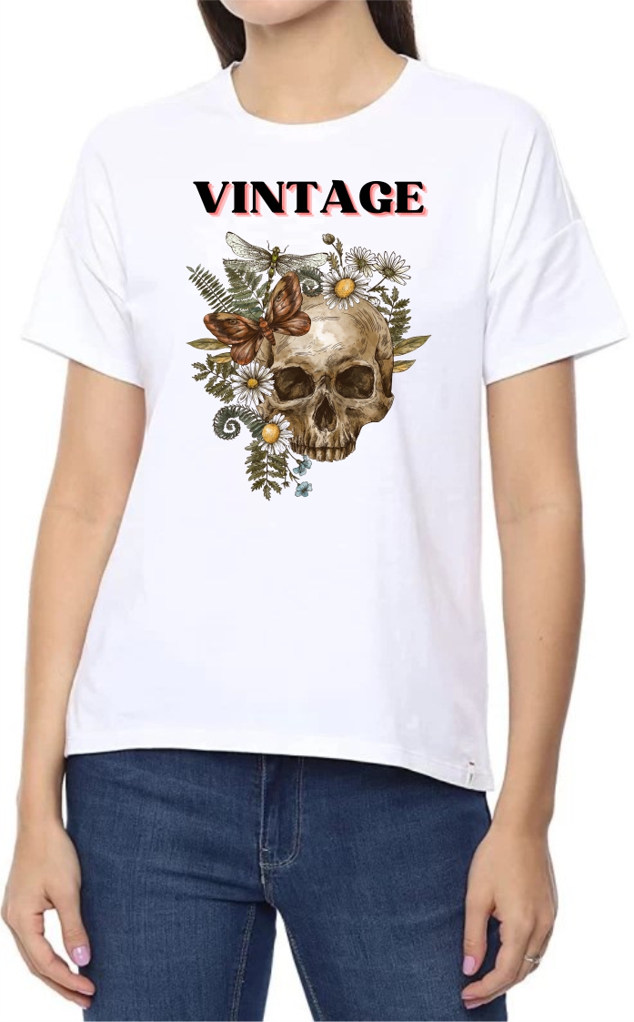 Vintage (BLK) Round Neck Women White T-Shirt